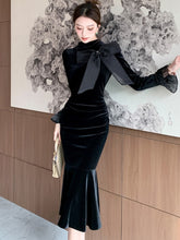 BXOXO party look inspos Black Womens Dresses Elegant Bow Stand Collar Flare Sleeve Mermaid Evening Party Midi Dress Office Lady Casual Chic Vestidos New